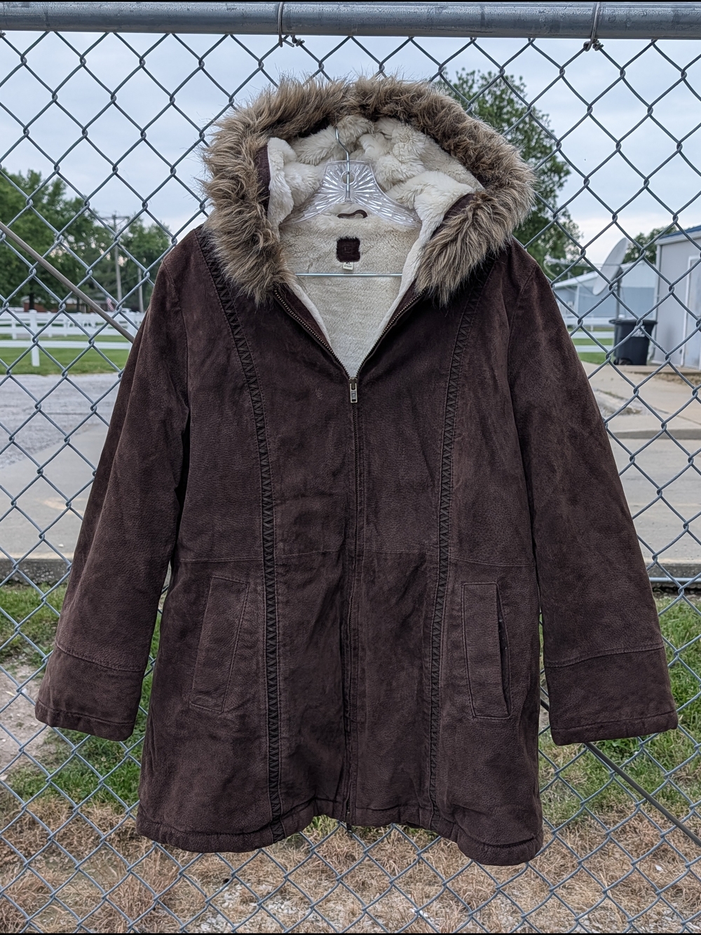 Wilson Brown Suede Hooded Coat with Faux Fur Trim XL